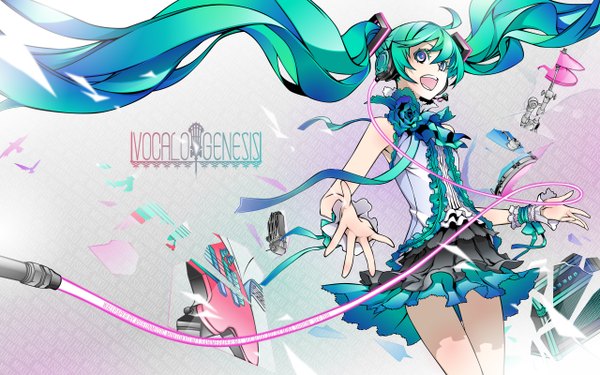Anime picture 2560x1600 with vocaloid hatsune miku miwa shirow single long hair highres open mouth blue eyes wide image twintails aqua hair girl dress headphones wire (wires) guitar