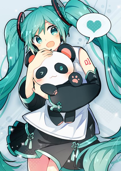 Anime picture 800x1131 with vocaloid hatsune miku fuuko (2679566944) single tall image blush open mouth twintails holding looking away very long hair aqua eyes aqua hair girl skirt hair ornament detached sleeves animal heart speech bubble