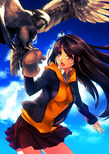 Anime picture 1000x1412 with original tamachi kuwa long hair tall image open mouth brown hair brown eyes sky cloud (clouds) ahoge pleated skirt wind bird on hand girl animal bird (birds) mittens eagle