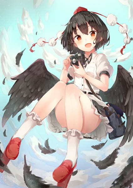 Anime picture 636x900 with touhou shameimaru aya yukizumi remon single tall image looking at viewer blush short hair open mouth light erotic black hair smile red eyes sky cloud (clouds) :d sparkle flying black wings convenient leg