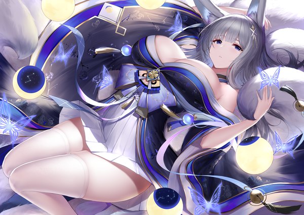 Anime picture 1509x1067 with azur lane shinano (azur lane) an yasuri single long hair looking at viewer blush fringe breasts light erotic purple eyes animal ears payot cleavage silver hair bent knee (knees) tail lying blunt bangs traditional clothes