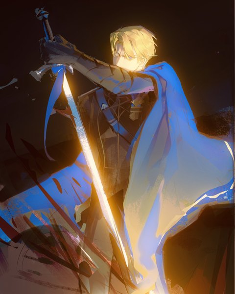 Anime picture 1638x2048 with fire emblem fire emblem: three houses nintendo dimitri alexandre blaiddyd moxom single tall image looking at viewer fringe short hair blue eyes blonde hair hair between eyes standing holding outstretched arm boy uniform weapon sword