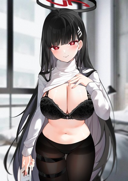 Anime picture 3035x4299 with blue archive rio (blue archive) yukineko1018 single long hair tall image looking at viewer blush fringe highres breasts light erotic black hair red eyes large breasts standing absurdres cleavage blunt bangs long sleeves