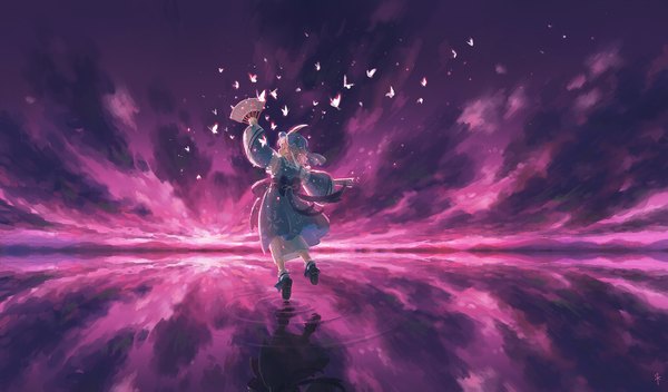 Anime picture 1603x943 with touhou saigyouji yuyuko seeker single short hair wide image signed pink hair japanese clothes pink eyes from behind reflection horizon girl ribbon (ribbons) water kimono insect butterfly bonnet