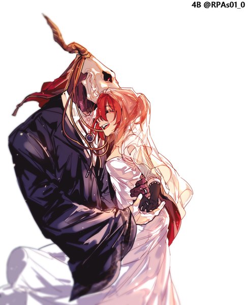 Anime-Bild 700x860 mit mahou tsukai no yome wit studio hatori chise ellias ainsworth futo 20 tall image fringe short hair open mouth simple background hair between eyes white background signed ponytail red hair eyes closed profile horn (horns) holding hands happy