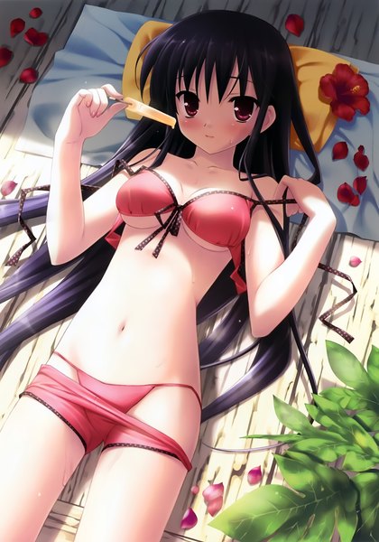 Anime picture 2129x3040 with natsu no ame segawa rikako kanekiyo miwa long hair tall image looking at viewer blush highres light erotic black hair red eyes scan midriff girl navel flower (flowers) swimsuit bikini petals food