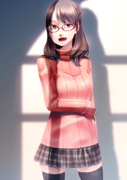Anime picture 844x1200 with original rezi single long hair tall image open mouth black hair red eyes zettai ryouiki half updo girl thighhighs skirt black thighhighs glasses sweater