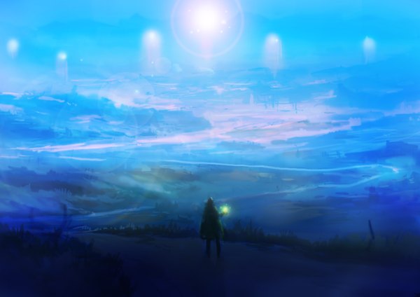 Anime picture 3508x2480 with original okuto single highres standing absurdres sky full body outdoors from behind blurry lens flare magic light silhouette ambiguous gender path