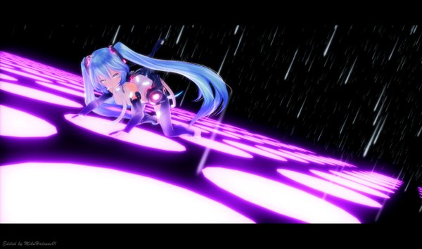 Anime picture 2500x1475 with vocaloid vocaloid append hatsune miku hatsune miku (append) yunagi (ektyr y) single long hair looking at viewer highres blue eyes smile wide image twintails bare shoulders blue hair barefoot kneeling rain smirk 3d