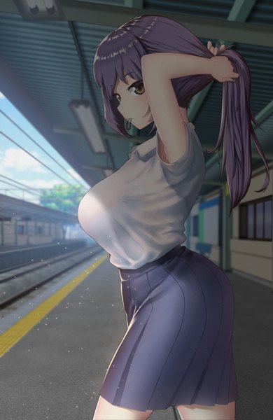 Anime picture 2600x4000 with agent aika petoriyacowa rie golden delmo thore (nathalukpol) single long hair tall image looking at viewer fringe highres breasts large breasts standing holding brown eyes payot purple hair outdoors profile pleated skirt