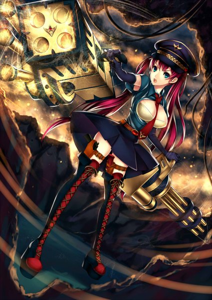 Anime picture 1000x1410 with original falseele single long hair tall image open mouth blue eyes twintails red hair girl dress gloves weapon necktie elbow gloves thigh boots peaked cap