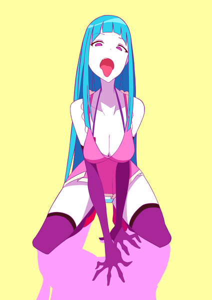 Anime picture 2480x3507 with me!me!me! meme (me!me!me!) santaro single long hair tall image looking at viewer fringe highres breasts open mouth light erotic simple background sitting purple eyes bare shoulders payot blue hair cleavage full body