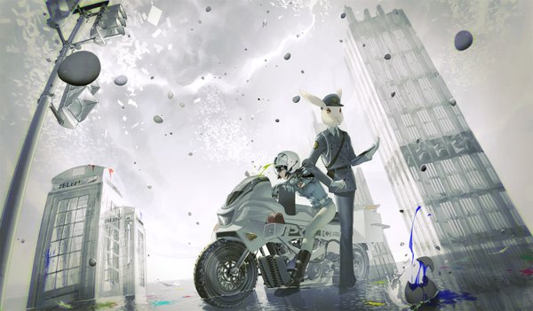 Anime picture 1700x997 with original sumiobunnya short hair black hair red eyes wide image looking away grey eyes rain abstract police girl boy gloves uniform animal water white gloves peaked cap bunny