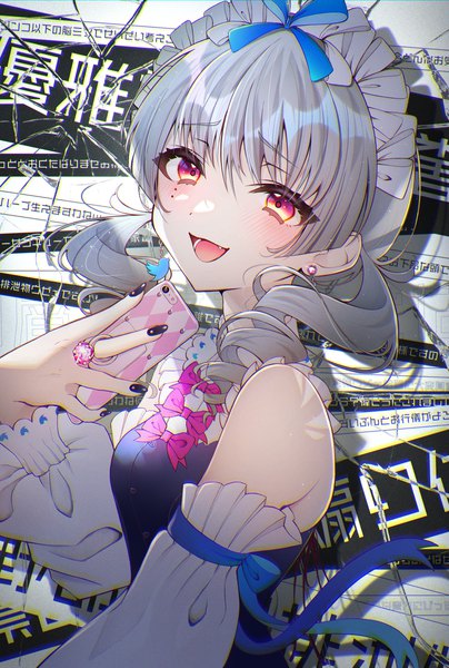 Anime picture 1080x1604 with original twitter umeume (totoya) single long hair tall image looking at viewer blush fringe open mouth smile hair between eyes twintails upper body nail polish :d pink eyes fingernails grey hair mole