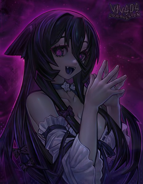 Anime picture 1199x1546 with original v1v404 single long hair tall image looking at viewer fringe breasts open mouth black hair smile hair between eyes large breasts purple eyes bare shoulders signed payot cleavage upper body long sleeves