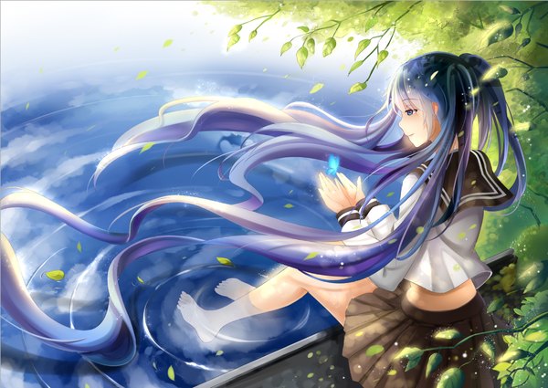 Anime picture 1167x828 with vocaloid hatsune miku yeluno meng single blue eyes sitting twintails blue hair very long hair profile barefoot girl skirt uniform shirt water serafuku leaf (leaves) insect butterfly