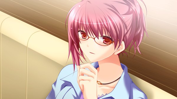 Anime picture 1024x576 with fortuna rhapsody short hair red eyes wide image pink hair game cg girl glasses