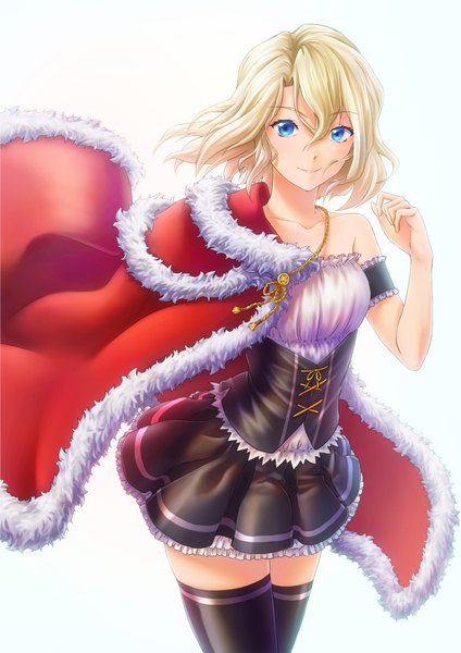 Anime picture 827x1169 with original nicca (kid nicca) single tall image looking at viewer fringe short hair blue eyes blonde hair simple background smile hair between eyes white background bare shoulders arm up wind zettai ryouiki fur trim lacing girl