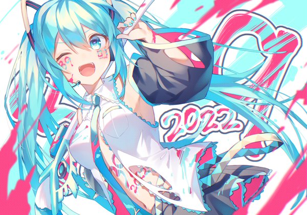 Anime picture 3000x2100 with vocaloid hatsune miku kurobikari single long hair fringe highres open mouth hair between eyes twintails payot nail polish one eye closed aqua eyes wink aqua hair symbol-shaped pupils ;d heart-shaped pupils 2022