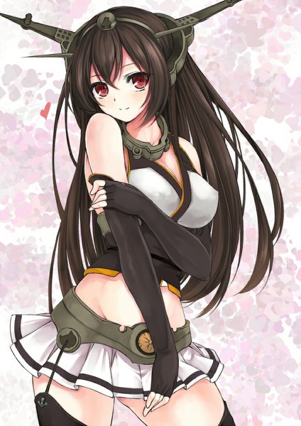 Anime picture 706x1000 with kantai collection nagato battleship utakata (kochou no yume) single long hair tall image looking at viewer blush breasts red eyes brown hair large breasts light smile midriff girl thighhighs skirt gloves black thighhighs miniskirt