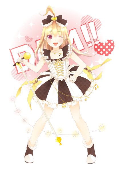 Anime picture 1240x1754 with original ahira yuzu single long hair tall image looking at viewer blush open mouth blonde hair red eyes ahoge one eye closed wink girl dress bow hair bow microphone stand