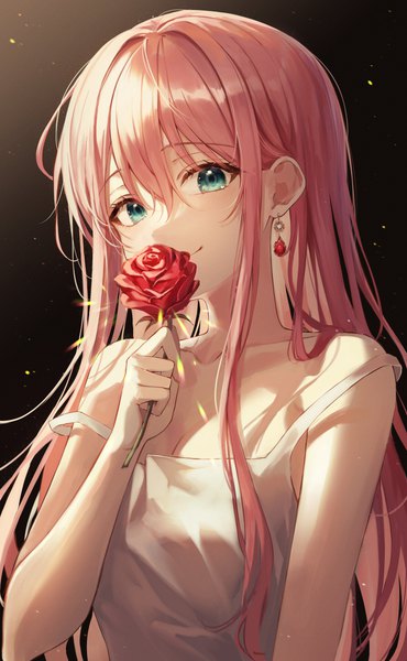 Anime picture 1553x2516 with original ekina (1217) single long hair tall image looking at viewer blush fringe simple background smile hair between eyes bare shoulders holding green eyes pink hair upper body sleeveless strap slip glow brown background