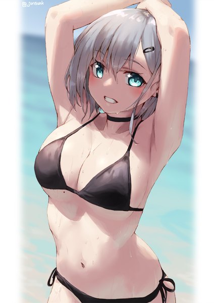 Anime picture 800x1131 with original riku (jonsun) jonsun single tall image looking at viewer blush fringe short hair breasts blue eyes light erotic smile hair between eyes standing silver hair outdoors blurry mole arms up