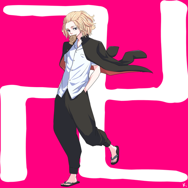 Anime picture 1165x1165 with tokyo revengers sano manjirou k. (pixiv9540247) single short hair blonde hair holding full body black eyes mouth hold pink background half updo clothes on shoulders hands in pockets food in mouth boy uniform school uniform food sweets