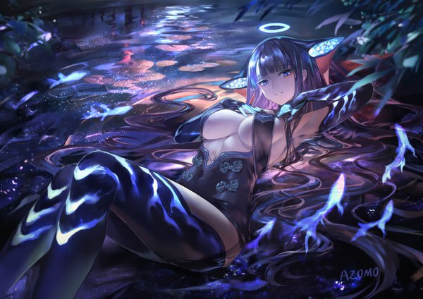 Anime picture 1600x1131 with fate (series) fate/grand order yang guifei (fate) azomo single long hair looking at viewer fringe breasts blue eyes light erotic large breasts signed purple hair outdoors lying blunt bangs head tilt night arms up