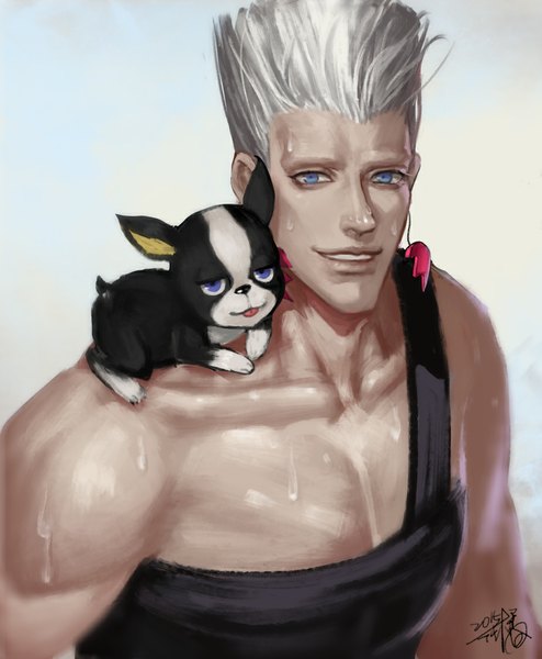 Anime picture 924x1122 with jojo no kimyou na bouken jean pierre polnareff iggy (jojo) fan ju tall image looking at viewer short hair blue eyes simple background smile bare shoulders signed silver hair sweat dated muscle animal on shoulder boy earrings animal