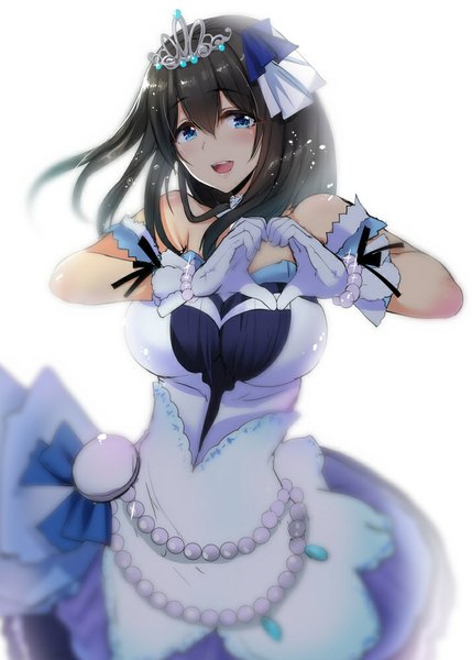 Anime picture 715x1000 with idolmaster idolmaster cinderella girls idolmaster cinderella girls starlight stage sagisawa fumika nohito single long hair tall image looking at viewer blush open mouth blue eyes black hair simple background white background heart hands starry sky bright girl dress gloves