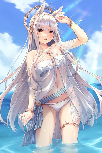 Anime picture 1600x2400 with arknights platinum (arknights) platinum (shimmering dew) (arknights) nameko houshi single long hair tall image looking at viewer blush fringe breasts open mouth light erotic smile standing animal ears yellow eyes sky cloud (clouds) outdoors