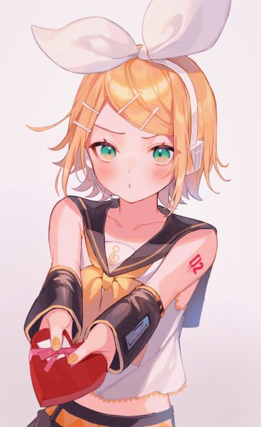 Anime picture 628x1024 with vocaloid kagamine rin shinotarou (nagunaguex) single tall image blush short hair simple background blonde hair green eyes looking away upper body nail polish grey background :o embarrassed outstretched hand valentine sailor collar treble clef