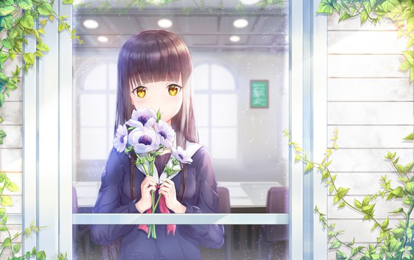 Anime picture 1584x1000 with original lunacle single long hair looking at viewer brown hair holding yellow eyes indoors sunlight girl uniform flower (flowers) plant (plants) serafuku window bouquet vines anemone (flower)