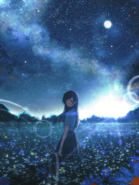 Anime picture 1984x2646 with original oka kojiro10 single long hair tall image looking at viewer blush highres black hair standing payot outdoors pleated skirt looking back black eyes blurry night short sleeves night sky lens flare