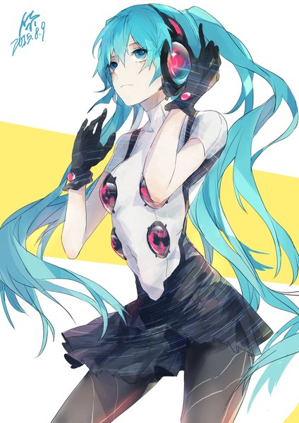 Anime picture 2480x3507 with persona persona 4: dancing all night vocaloid hatsune miku messikid single long hair tall image fringe highres twintails signed looking away pleated skirt aqua eyes aqua hair alternate costume dated girl skirt