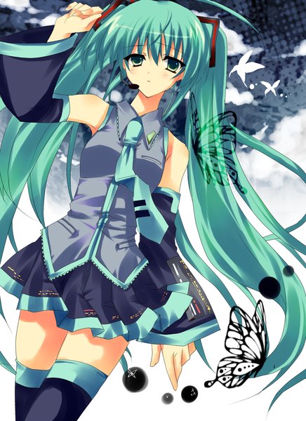 Anime picture 1092x1503 with vocaloid hatsune miku kiseri momo single long hair tall image twintails bare shoulders green eyes cloud (clouds) green hair girl thighhighs skirt black thighhighs detached sleeves miniskirt necktie insect butterfly