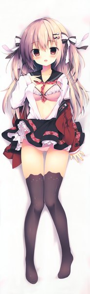 Anime picture 2284x7373 with original izumiyuhina single long hair tall image looking at viewer blush fringe highres open mouth light erotic blonde hair hair between eyes red eyes full body :d scan two side up open shirt dakimakura (medium)