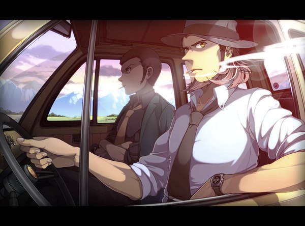 Anime-Bild 1160x860 mit lupin iii jigen daisuke arsene lupin iii nasubi (w.c.s) short hair brown hair sitting yellow eyes sky cloud (clouds) smoke smoking car interior boy hat shirt necktie clock ground vehicle cigarette