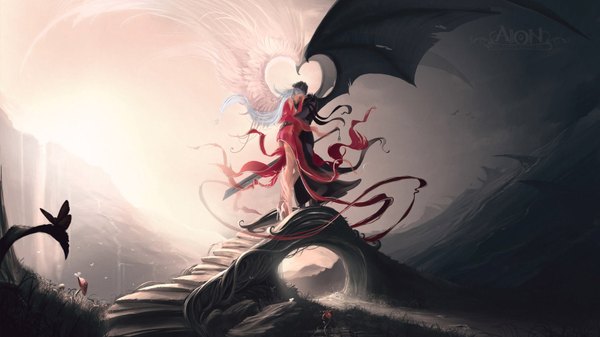 Anime picture 1600x900 with aion wide image couple hug mountain black wings river angel waterfall girl dress boy animal sword wings water bird (birds) insect butterfly red dress