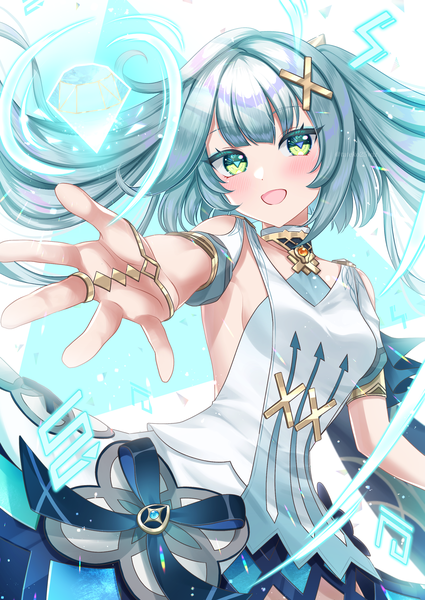 Anime picture 2150x3035 with genshin impact faruzan (genshin impact) tateko25wiz single long hair tall image looking at viewer highres open mouth twintails green eyes :d aqua hair magic outstretched hand girl dress hair ornament x hair ornament