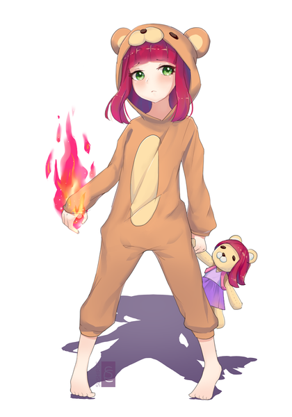 Anime picture 840x1200 with league of legends annie (league of legends) tibbers (league of legends) sushiroe single tall image blush fringe short hair simple background standing white background green eyes red hair barefoot girl toy stuffed animal teddy bear flame