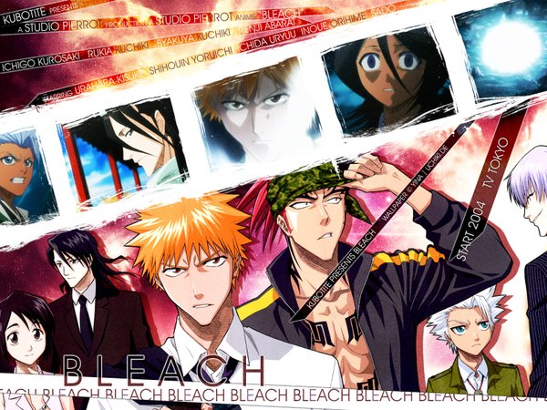 Anime picture 1600x1200 with bleach studio pierrot kurosaki ichigo kuchiki rukia hitsugaya toushirou kuchiki byakuya abarai renji ichimaru gin hinamori momo short hair blue eyes black hair red eyes silver hair white hair red hair orange hair multiple boys copyright name third-party edit