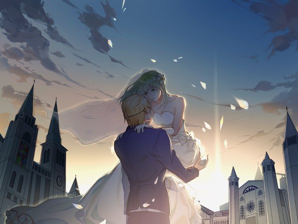 Anime picture 2160x1620 with fire emblem fire emblem: three houses nintendo byleth (fire emblem) dimitri alexandre blaiddyd byleth (female) (fire emblem) kyounatsuu long hair fringe highres short hair blonde hair hair between eyes standing green eyes sky cloud (clouds) outdoors parted lips hair flower