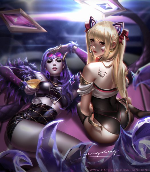 Anime picture 1050x1200 with league of legends overwatch blizzard entertainment k/da (league of legends) ahri (league of legends) d.va (overwatch) widowmaker (overwatch) evelynn (league of legends) k/da ahri k/da evelynn liang xing long hair tall image looking at viewer fringe open mouth light erotic blonde hair hair between eyes sitting