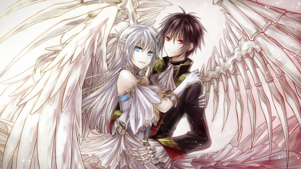 Anime picture 1600x900 with original angel31424 looking at viewer short hair blue eyes smile red eyes brown hair wide image bare shoulders white hair hug angel wings girl dress boy gloves wings elbow gloves frills
