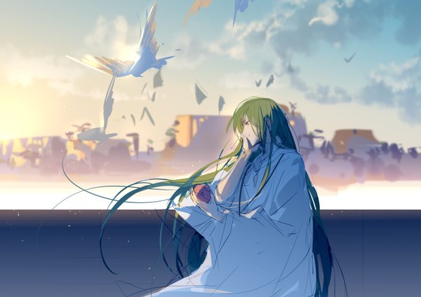 Anime picture 2827x1999 with fate (series) fate/strange fake enkidu (fate) rrr (reason) single highres standing outdoors very long hair profile green hair wind eating androgynous boy animal bird (birds) pigeon