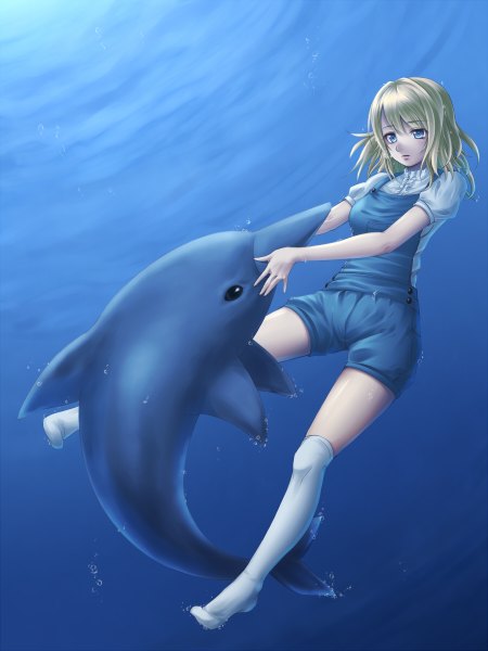 Anime picture 900x1200 with original mochi.f single tall image short hair blue eyes blonde hair underwater girl thighhighs animal white thighhighs shorts knee socks overalls dolphin