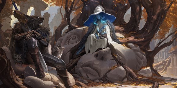 Anime picture 1920x960 with elden ring ranni the witch blaidd the half-wolf yuyu-wong long hair highres blue eyes wide image sitting blue hair looking away full body blue skin extra arms girl boy weapon hat animal armor