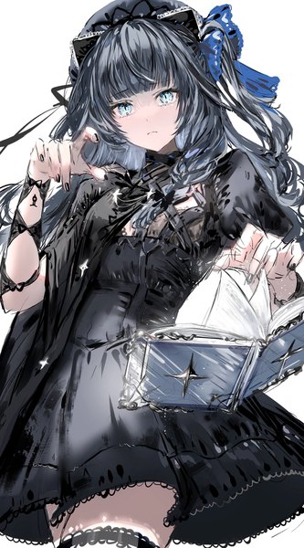 Anime picture 2129x3840 with original nanaponi single long hair tall image looking at viewer fringe highres blue eyes black hair simple background standing white background blunt bangs nail polish arm up from above two side up slit pupils frown